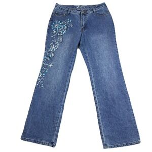 Women's Boho Floral Embellished Straight Leg Stretch Denim Jeans Size 6 DFX